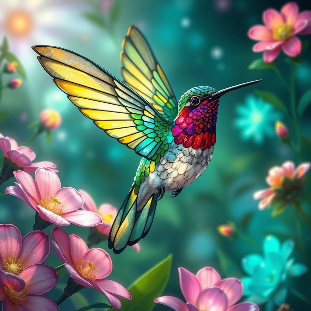 Ethereal Hummingbird in Art Nouveau Garden of Glowing Flower...
