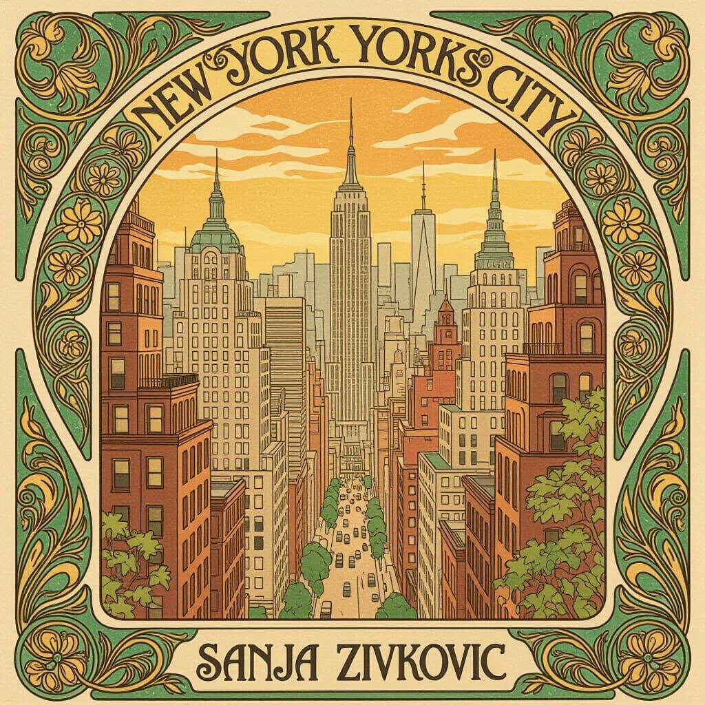 Art Nouveau New York City Illustration with Floral Motifs