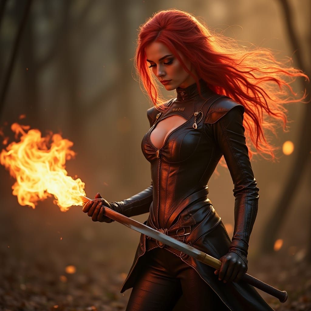 Futuristic Redhead Warrior Woman with Sword and Flames