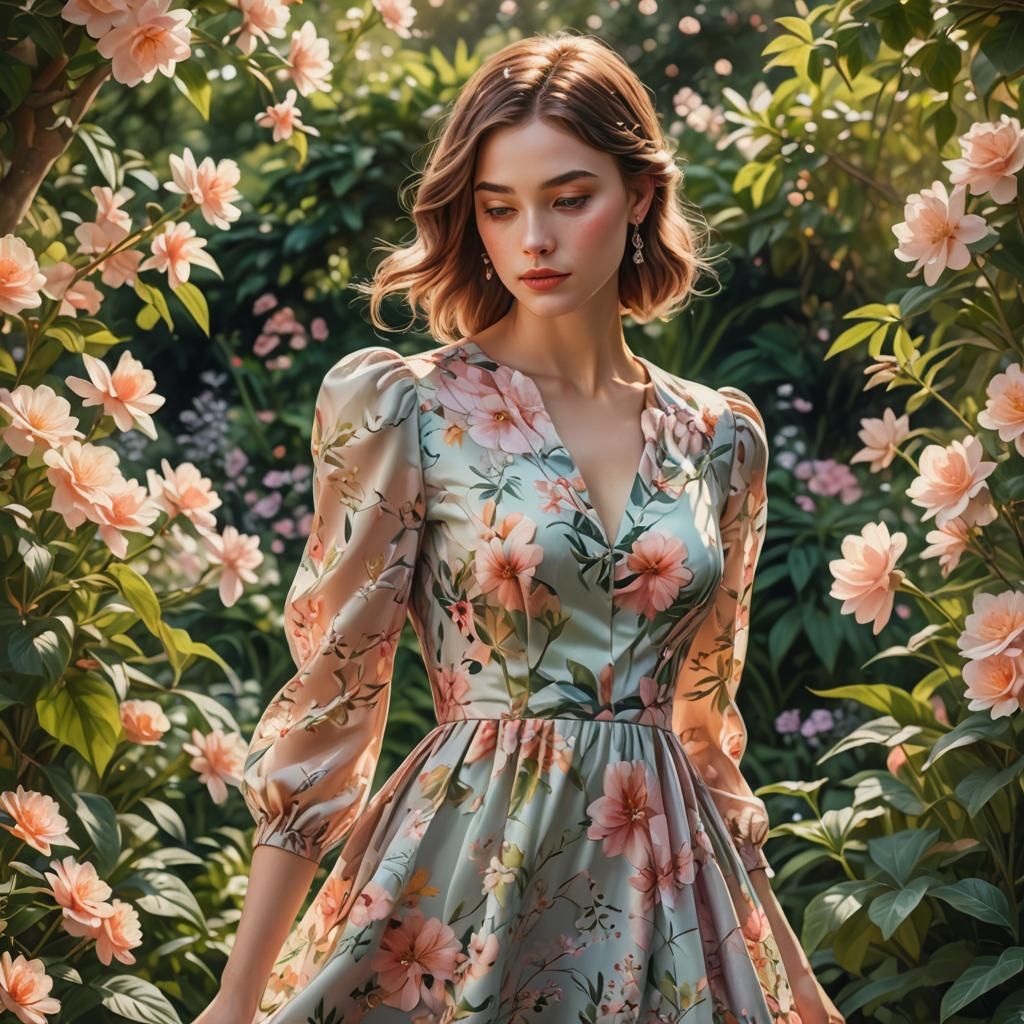 Elegant Woman in Floral Dress in Realistic Garden