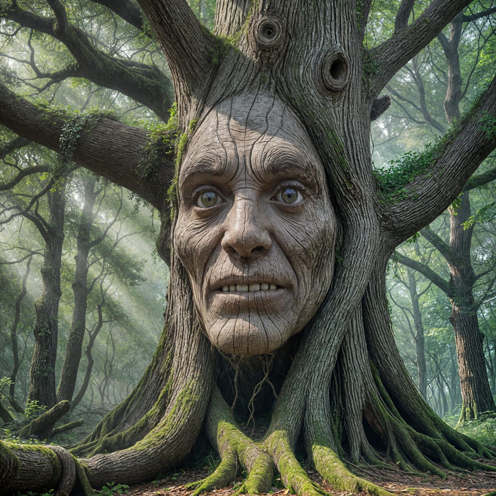 Surreal Tree Trunk Face in a Misty Forest Sky