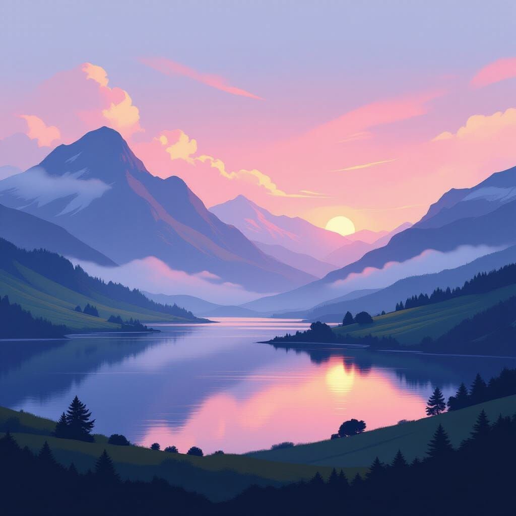 Dreamy Landscape with Rolling Hills and Misty Mountains