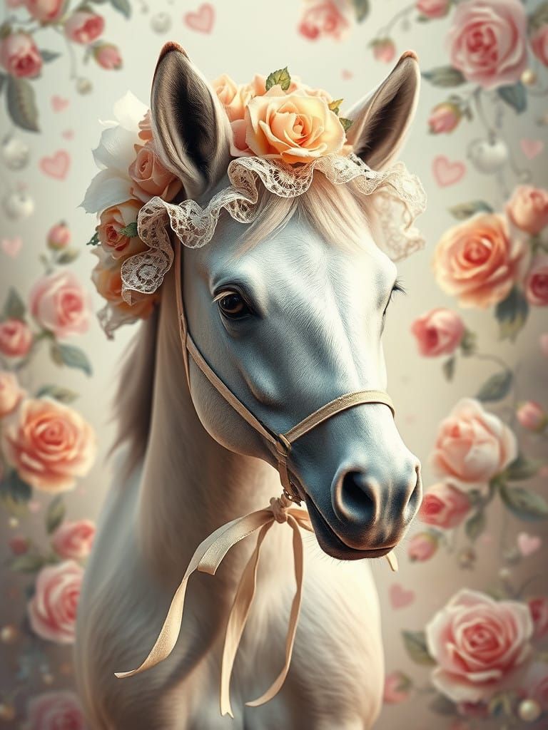 Vintage Romantic Baby Horse in Floral Hat, Roses, and Pearls