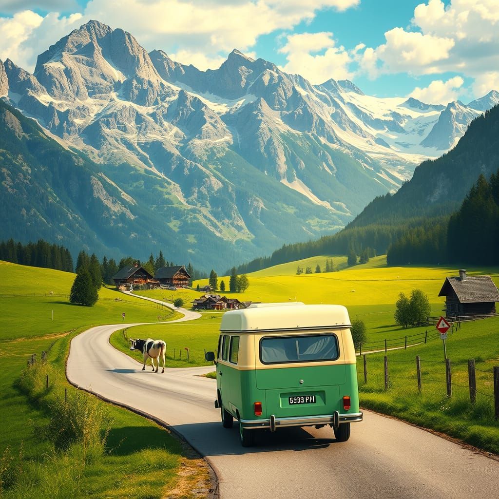 Vintage Camper in Alpine Landscape, Vibrant Geometric Style