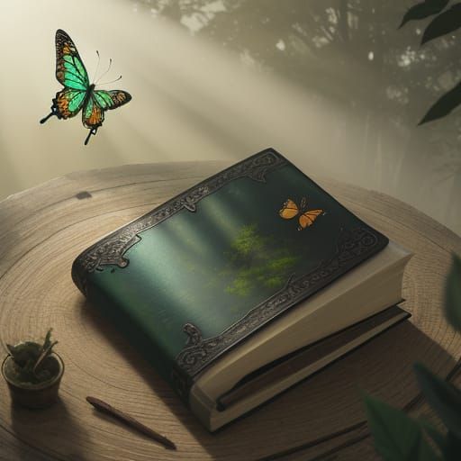 Butterflies Dance Around a Vintage Leather Book in a Misty F...