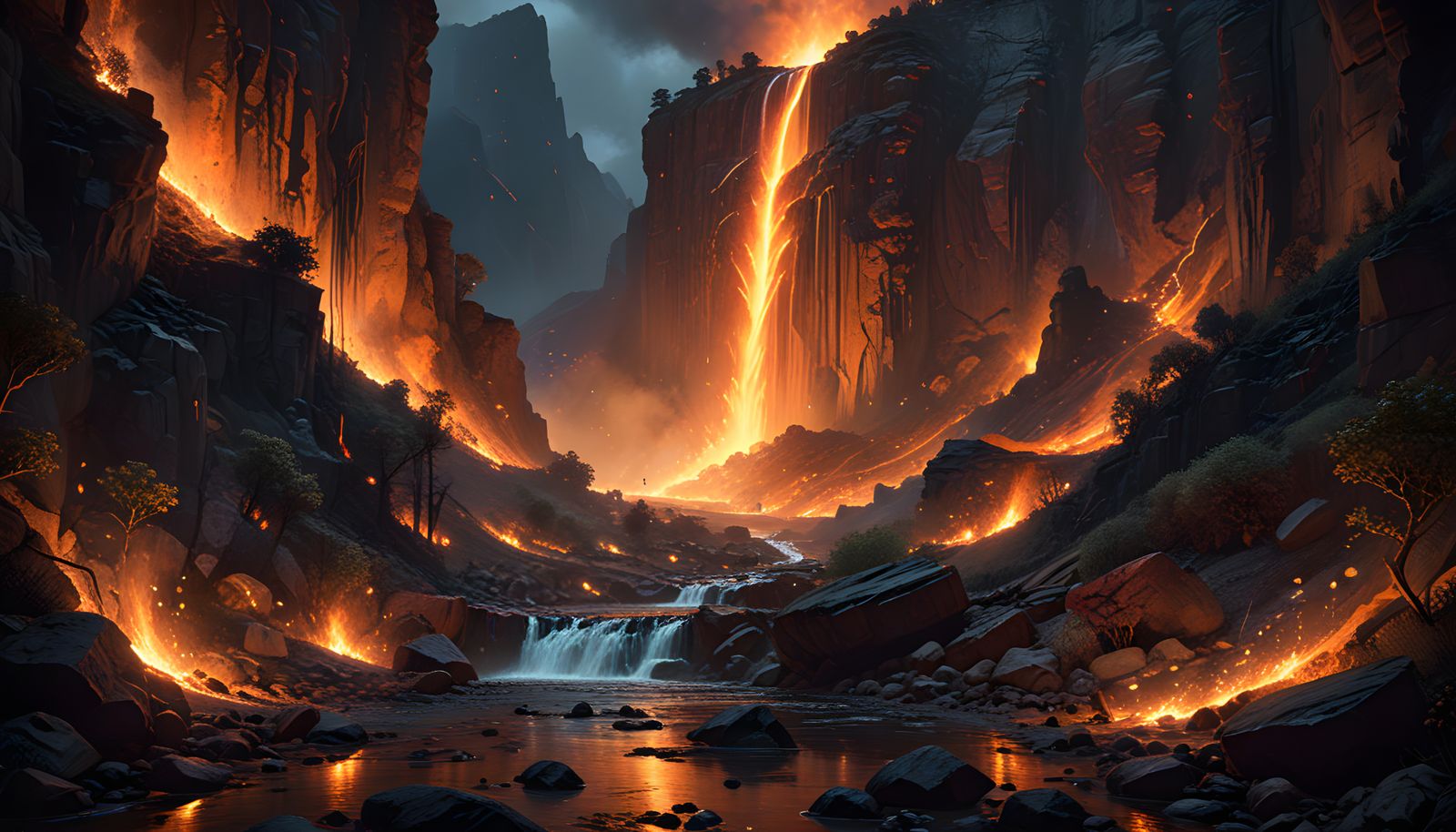 Epic Gouache Masterpiece: Fiery Canyon at Night
