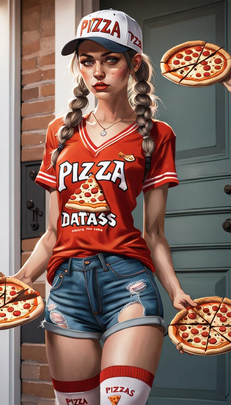 pizza-datass ultra small daisy dukes shorts, Long thigh-high socks, pigtails (twin tail hairstyle) baseball cap, v-neck ...
