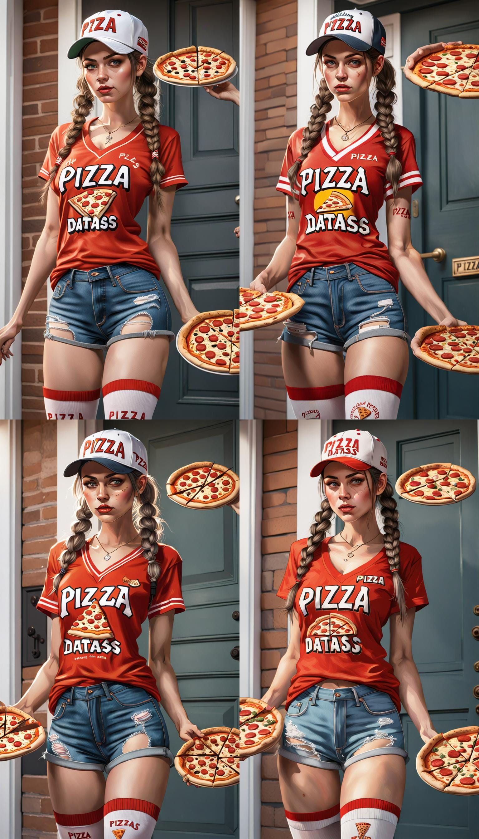pizza-datass ultra small daisy dukes shorts, Long thigh-high socks, pigtails (twin tail hairstyle) baseball cap, v-neck ...