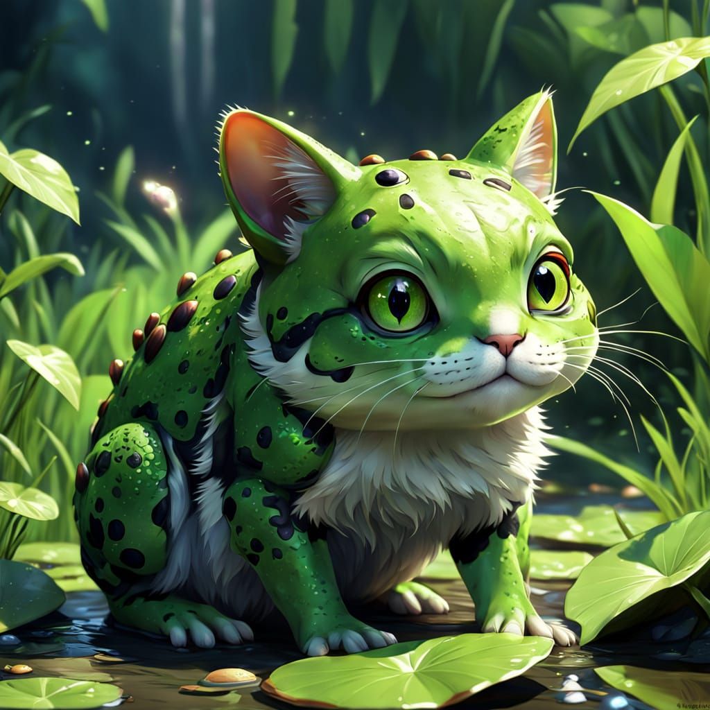 Whimsical 3D Anime Art of a Cat-Frog Hybrid