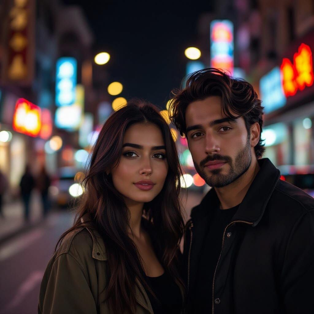 Accidental Night Selfie: Woman and Man in Blurred City
