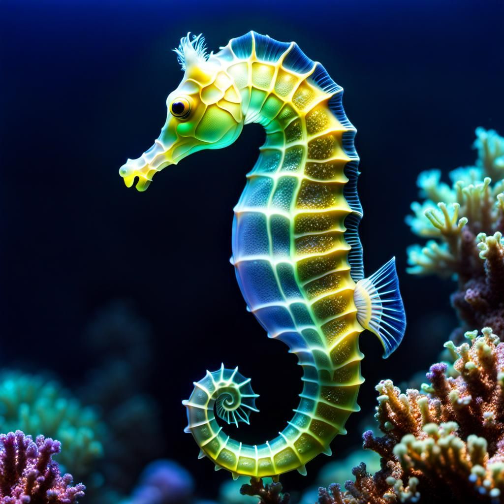 Luminescent Seahorse in Dreamlike Underwater Scene