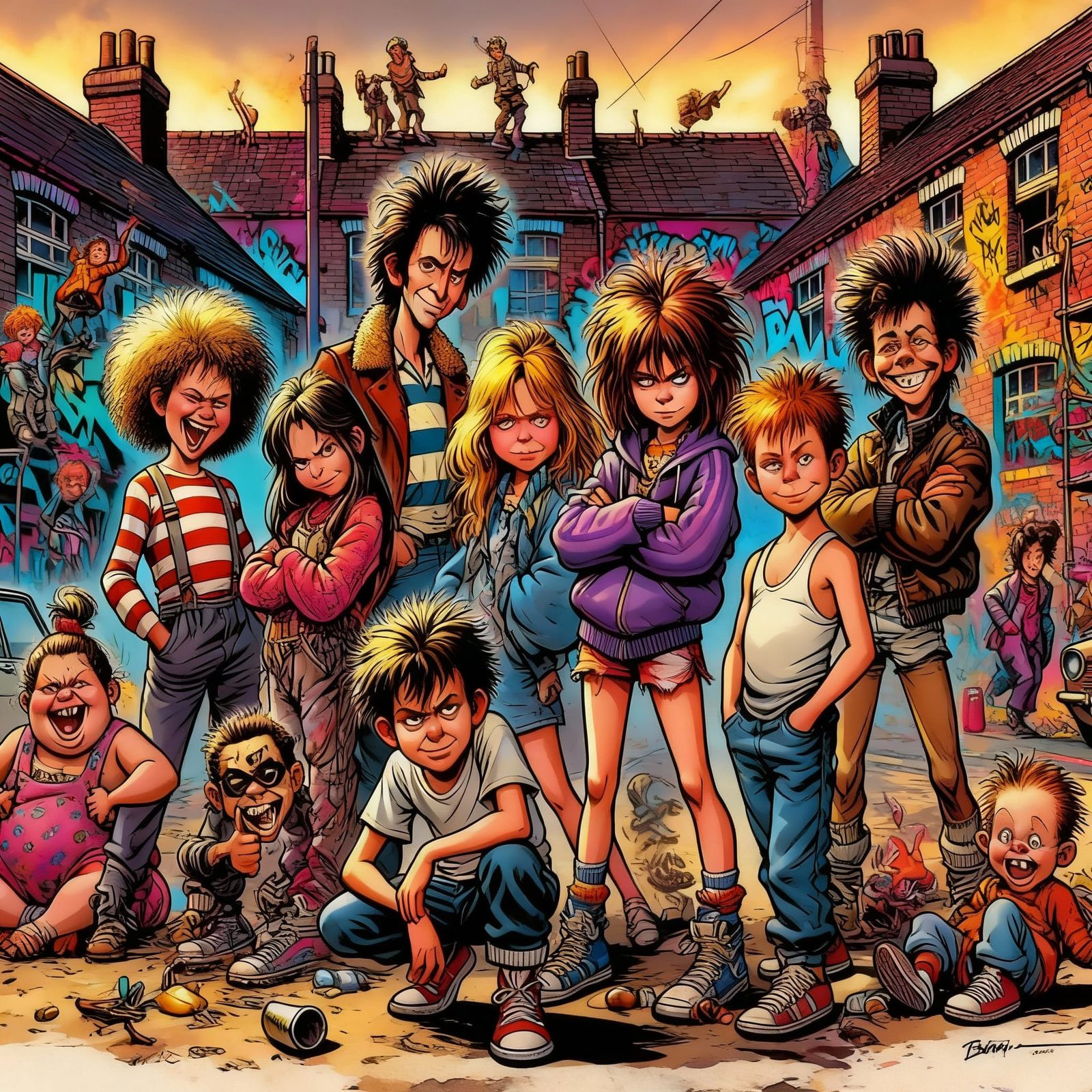1980s Hooligan Scene in Comic Book Art Style