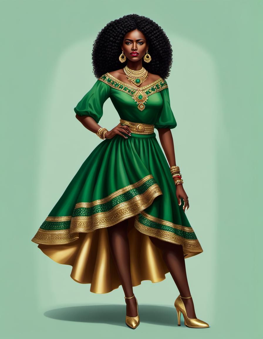 Colombian Indigenous Woman in Emerald and Gold Attire