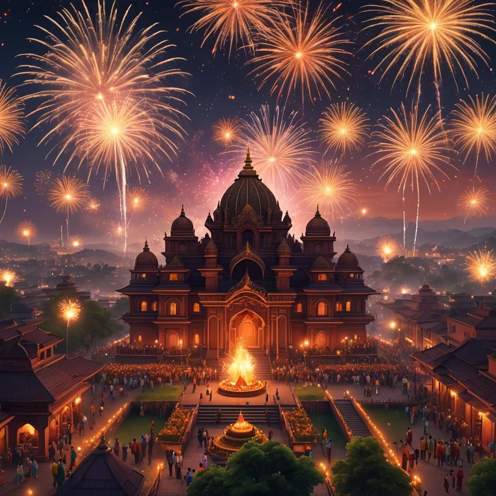 Diwali Celebration: Fireworks and Festival in Detailed Paint...