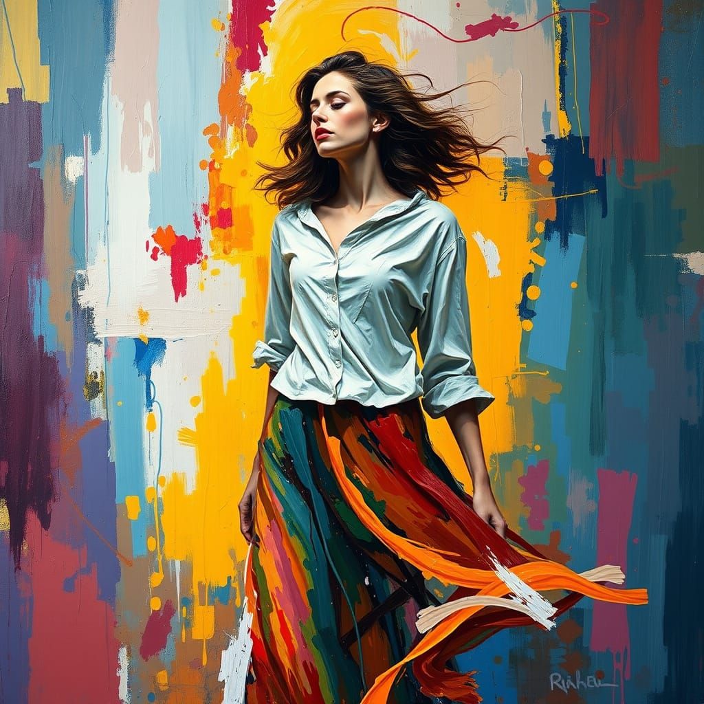 Abstract Woman in Flowing Colors, Oil Painting