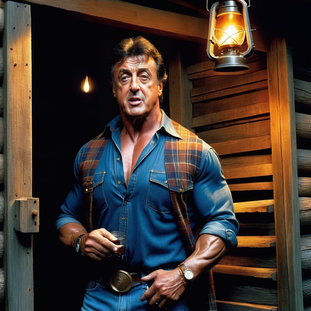 Sylvester Stallone at the Mine Entrance, in the Style of Ken...