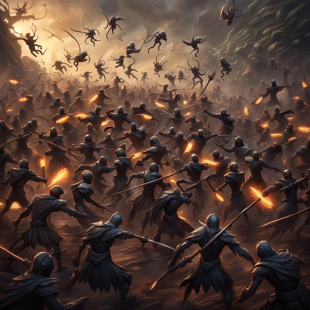Stick Figure Swarm in Arena: Detailed Matte Painting