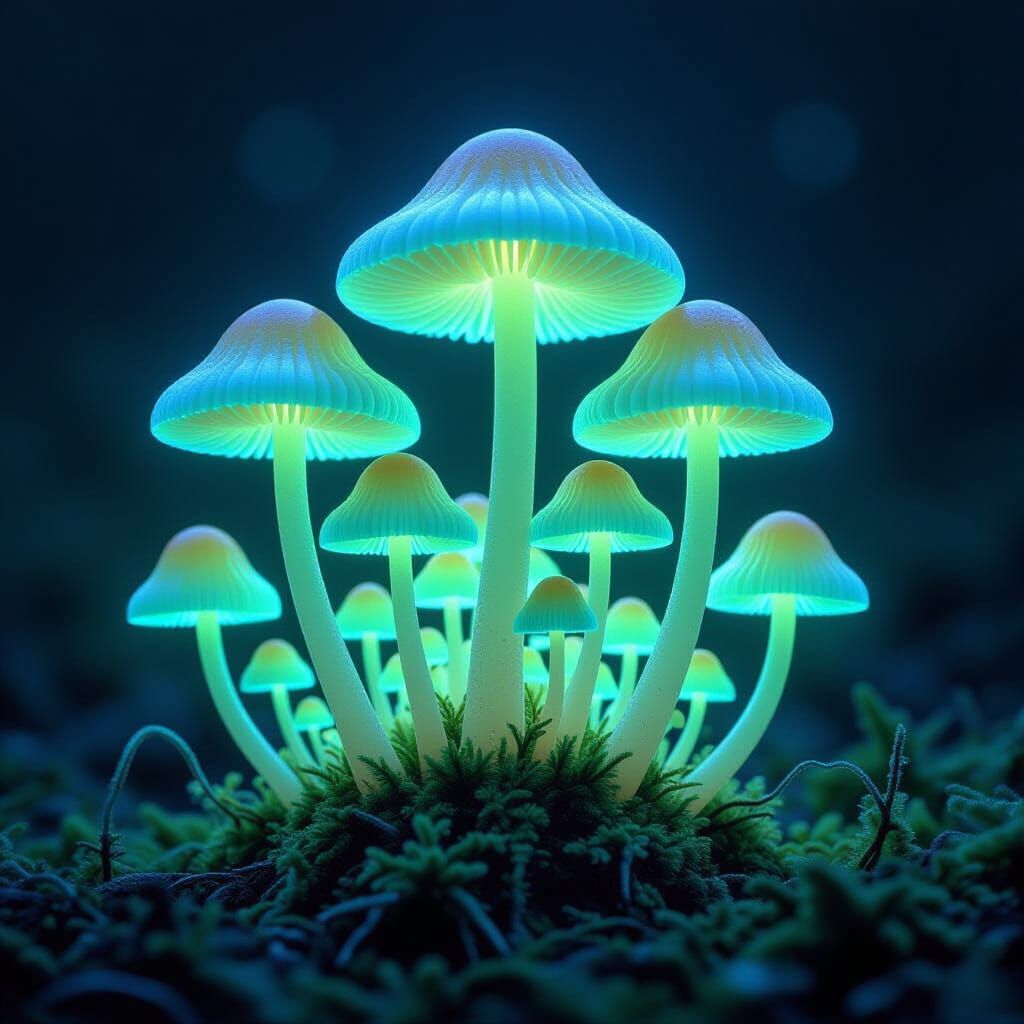 Bioluminescent Mushrooms Glow in the Dark: Photorealistic St...