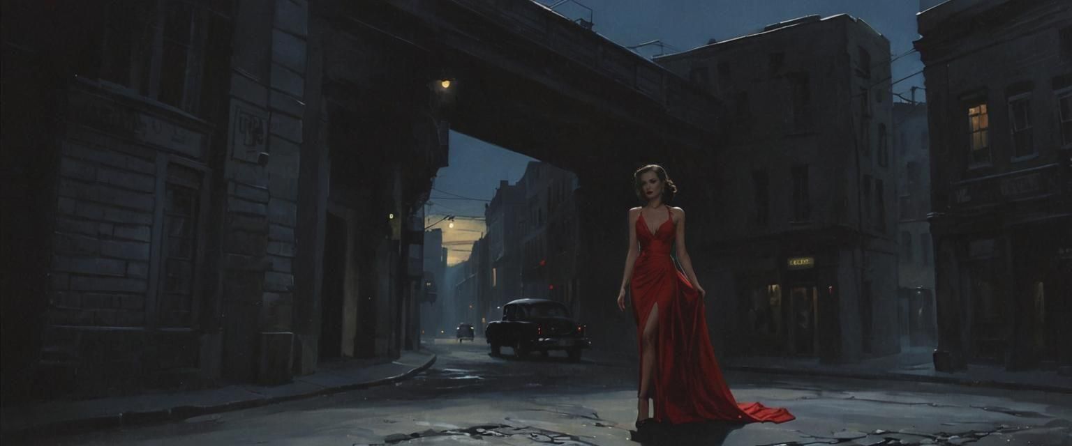Noir Night: Femme Fatale in Red Dress