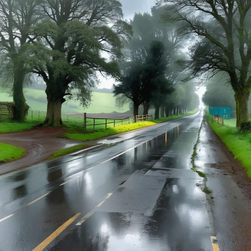 Rainy Country Lane with Puddles