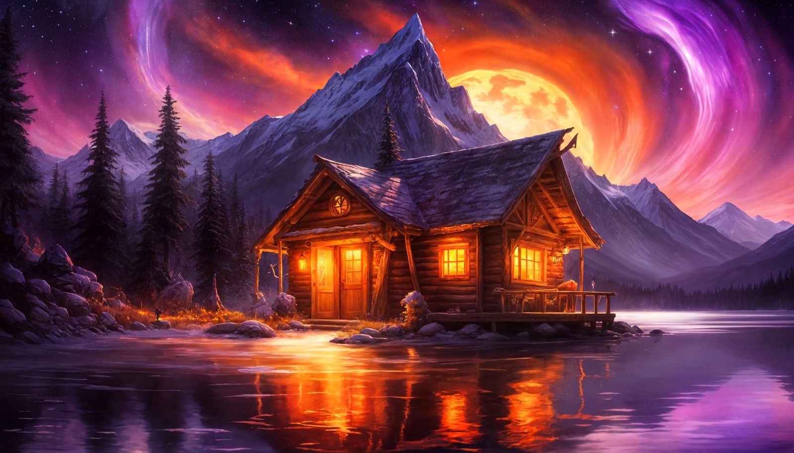Ethereal Night Sky with Vibrant Aurora and Solitary Cabin