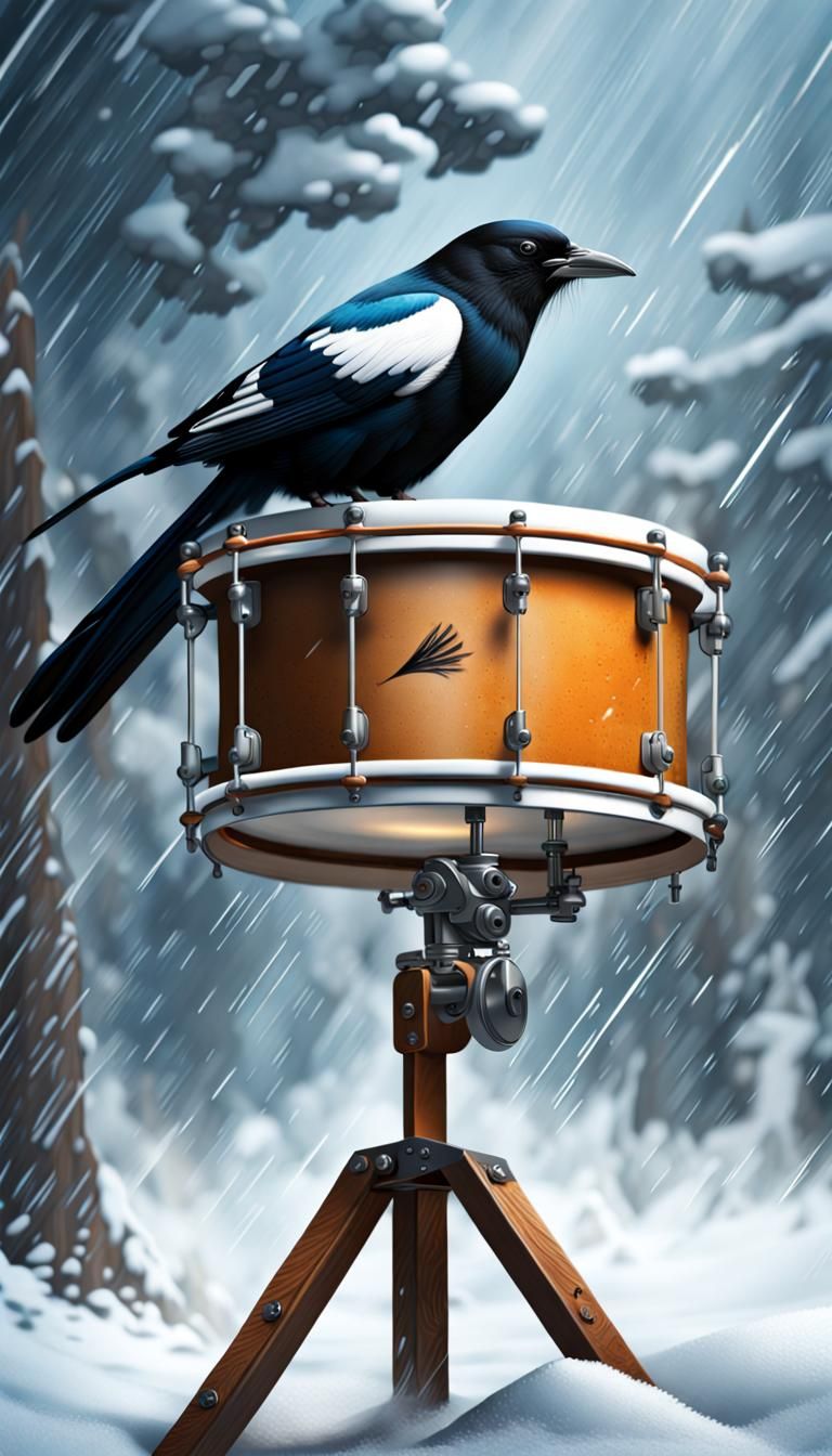 Magpie Drummer in Snowstorm: Splash Art