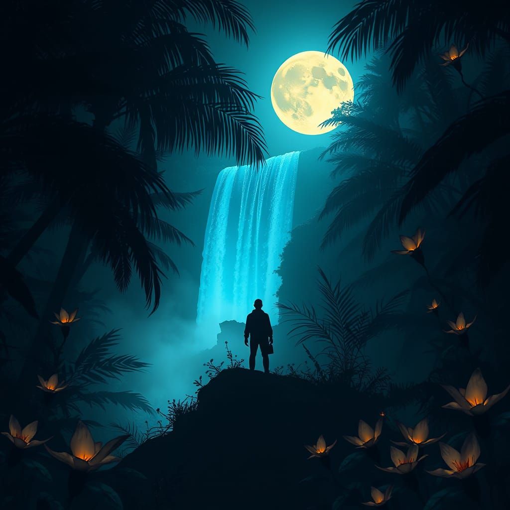 Ethereal Moonlit Jungle with Lone Figure