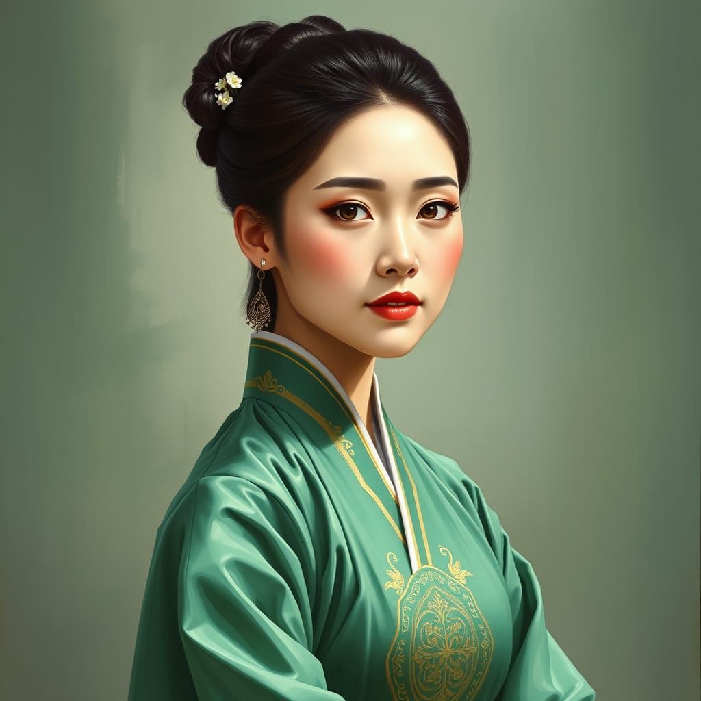 Korean Woman in Traditional Jade Hanbok