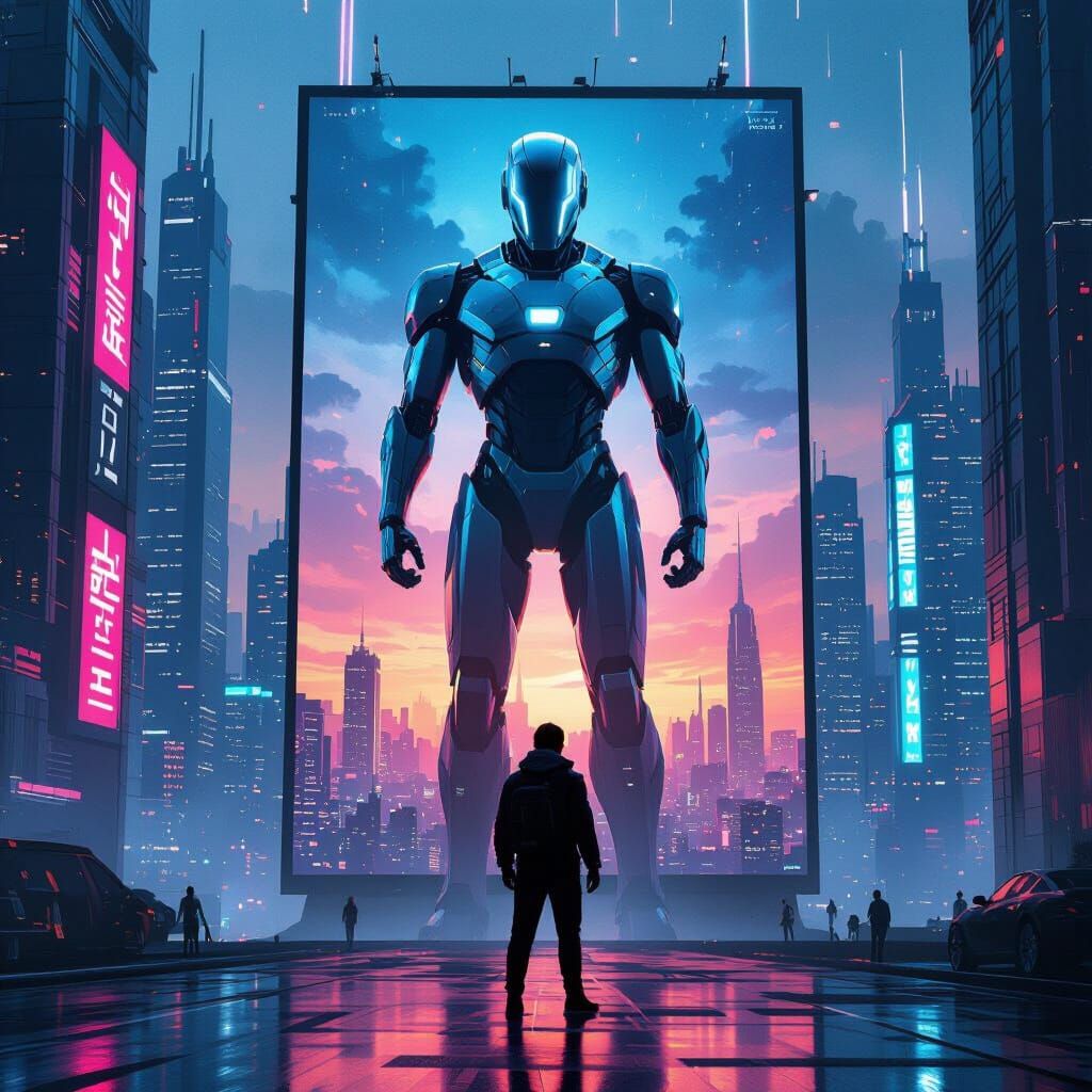 Futuristic AI Robot Movie Poster in Dystopian Cityscape