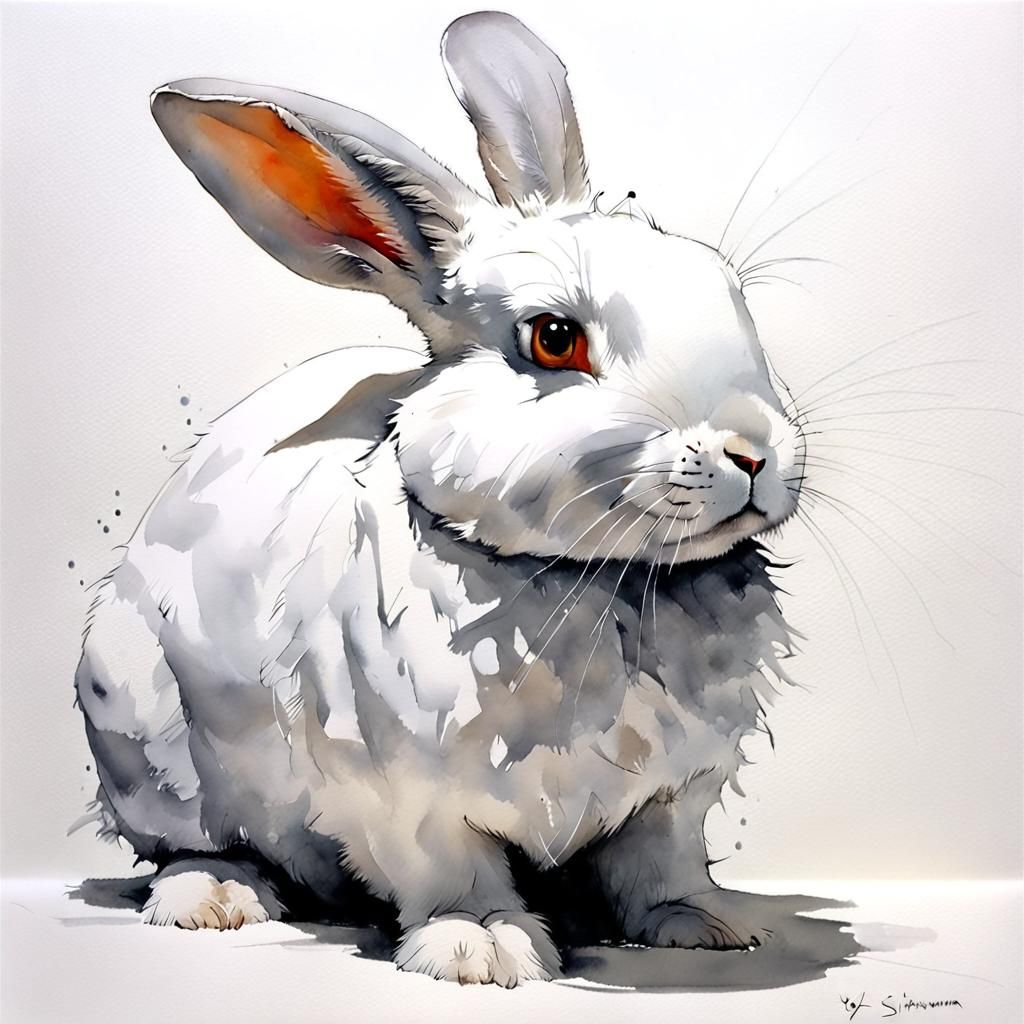 Fluffy White Rabbit in Watercolor Gouache Style