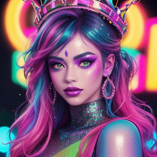 Festival Goer with Glitter Makeup in Neon Lights