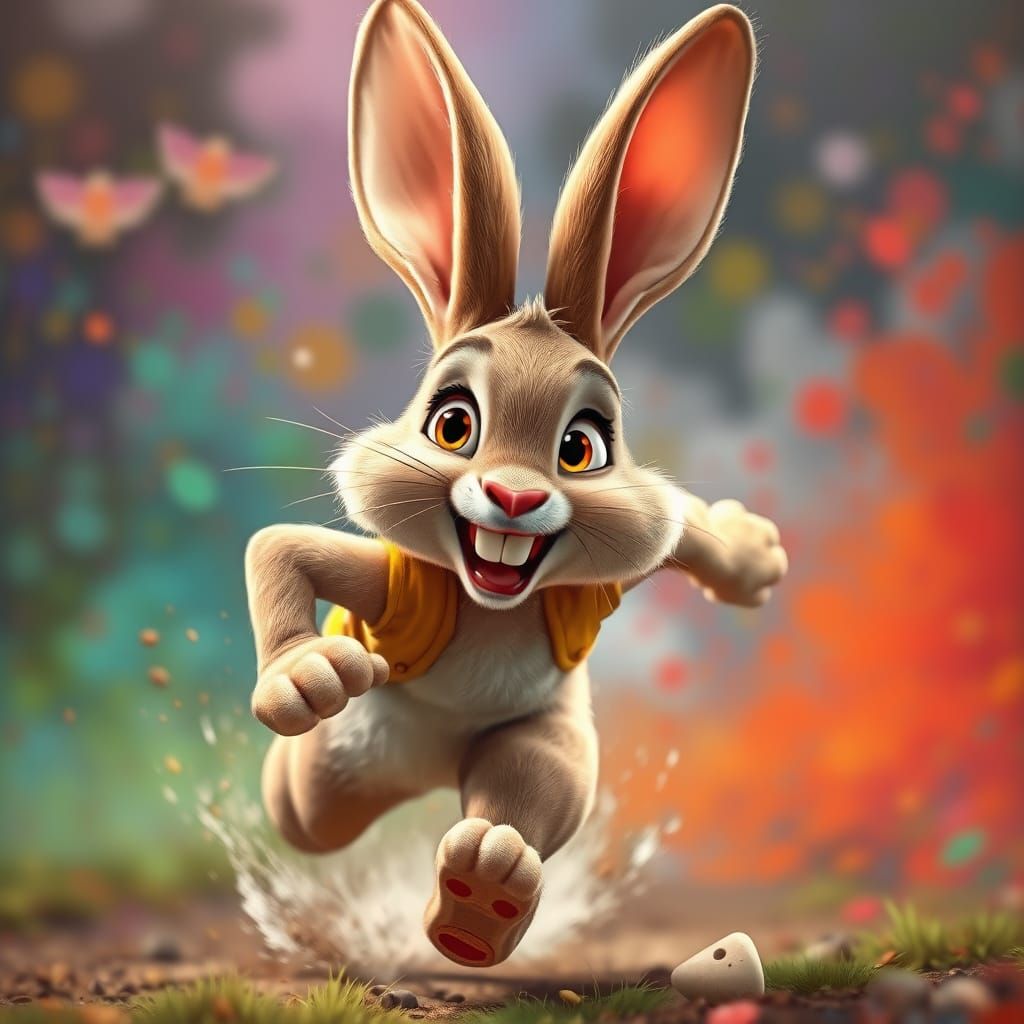 Charming Rabbit Zooms Through Whimsical Landscape in Vibrant...