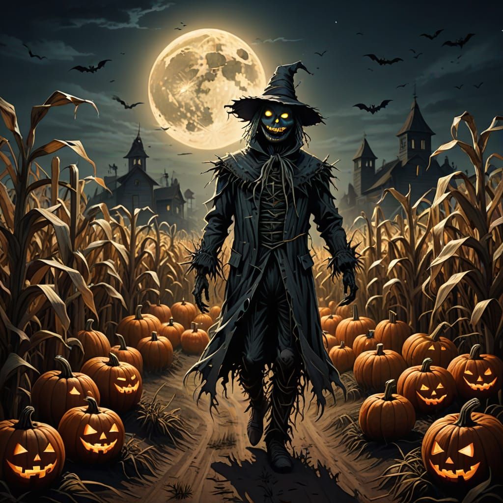 Eerie Halloween Harvest Scene with Ghostly Figures