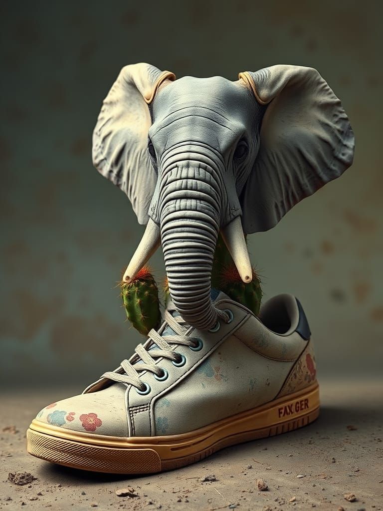 Surreal Cactus Elephant Emerge from Distressed Sneaker in Vi...