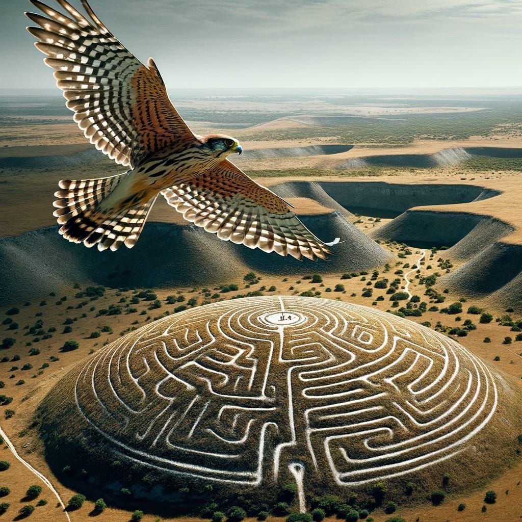 Falcon Over Ancient Burial Mound in Paleolithic Landscape