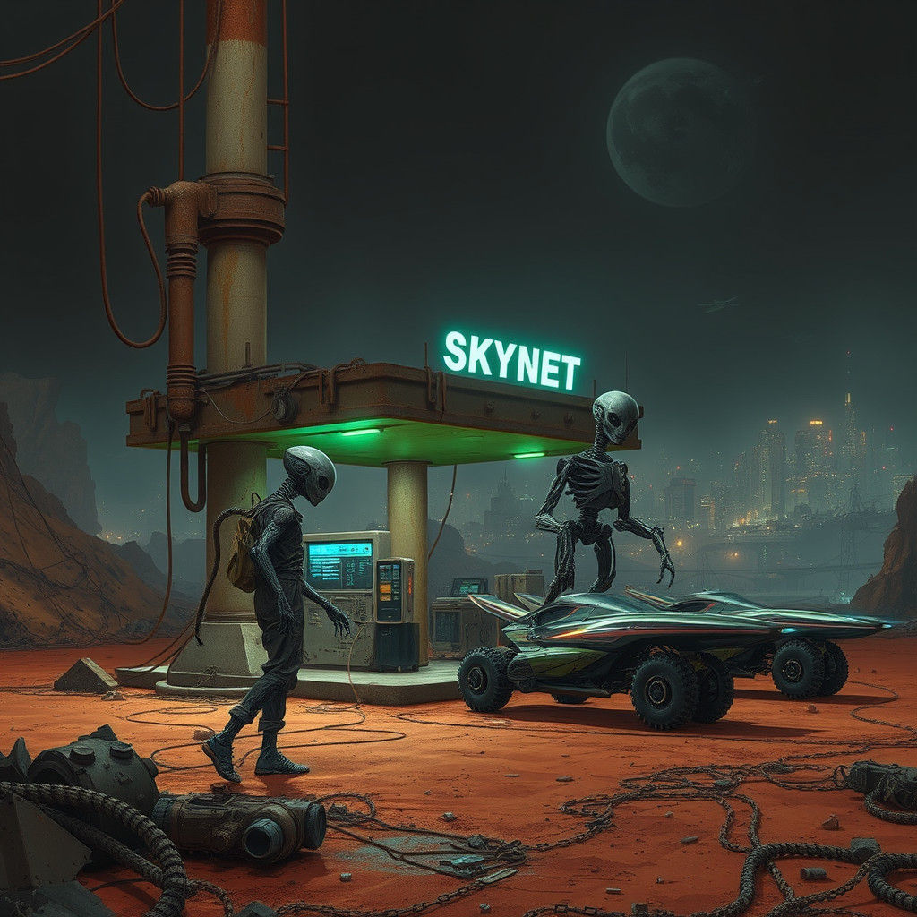 Cyberpunk Fuel Station on Barren Planet with Alien