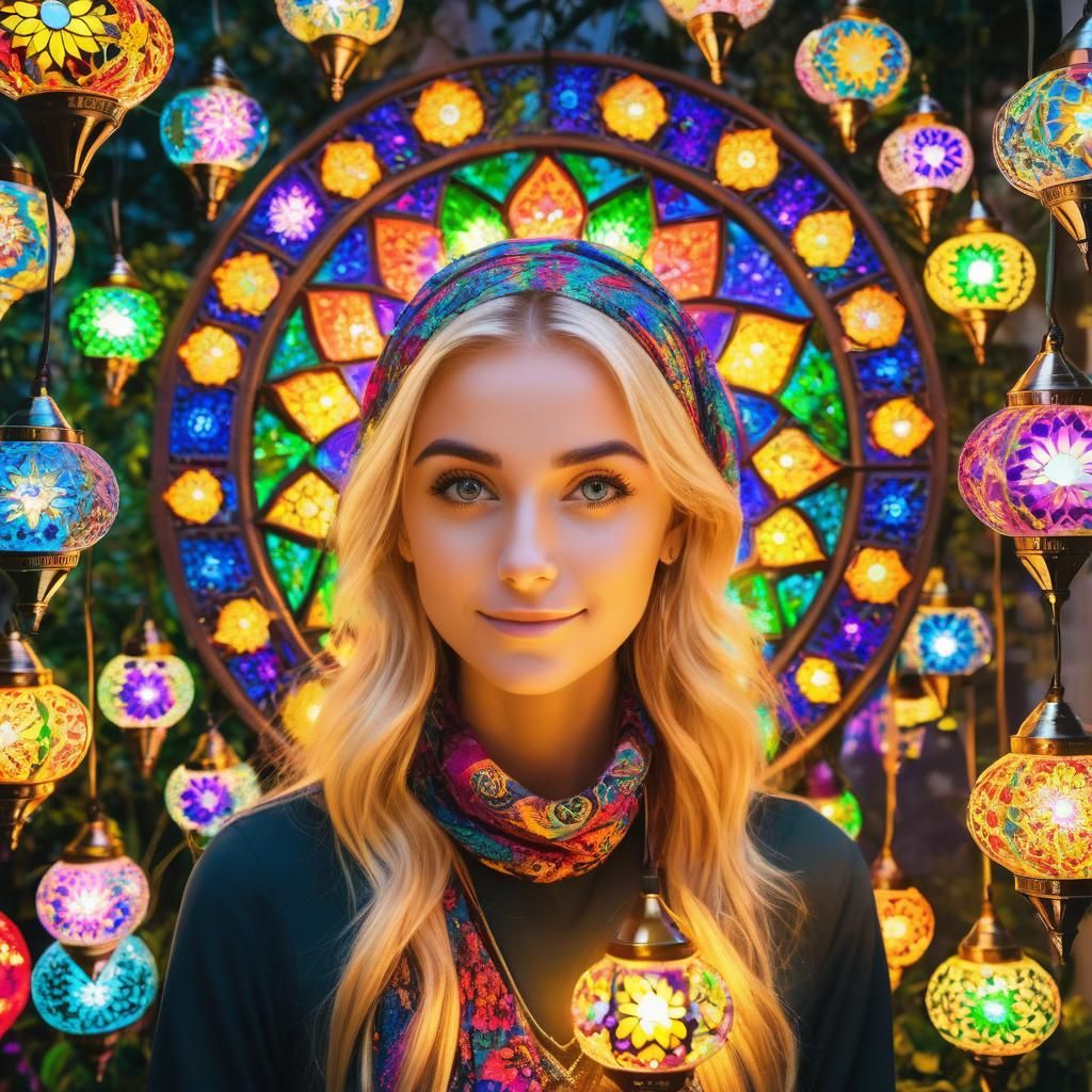 Girl Bathed in Rainbow Light from Ramadan Lamps