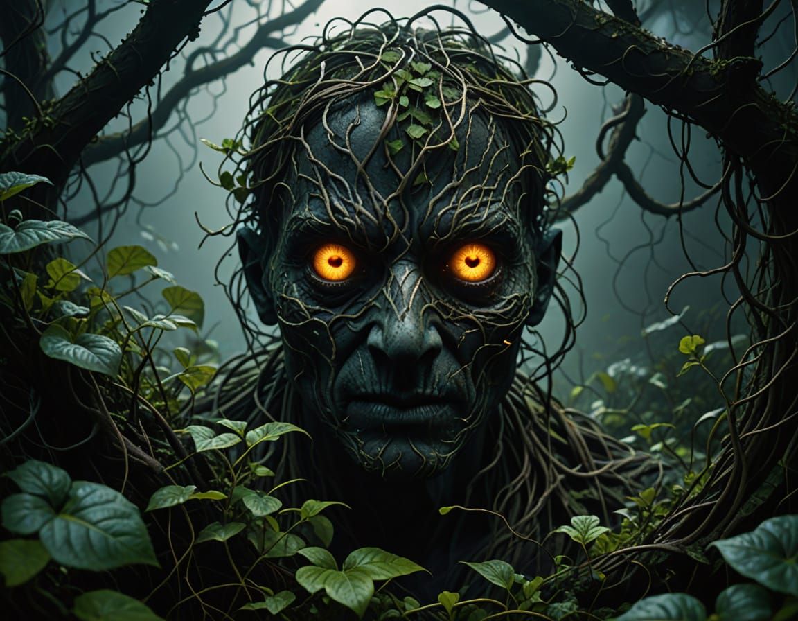 Eerie Glowing Eyes in Overgrown Foggy Garden