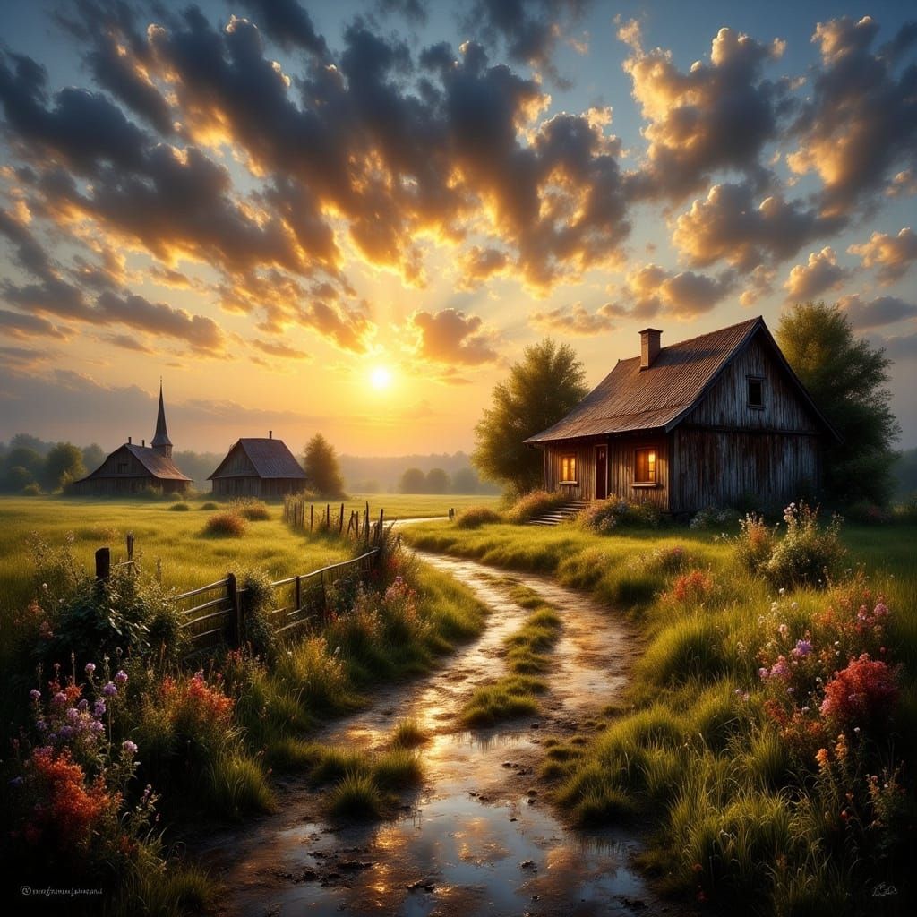 Serene Rural Sunset Landscape Digital Painting
