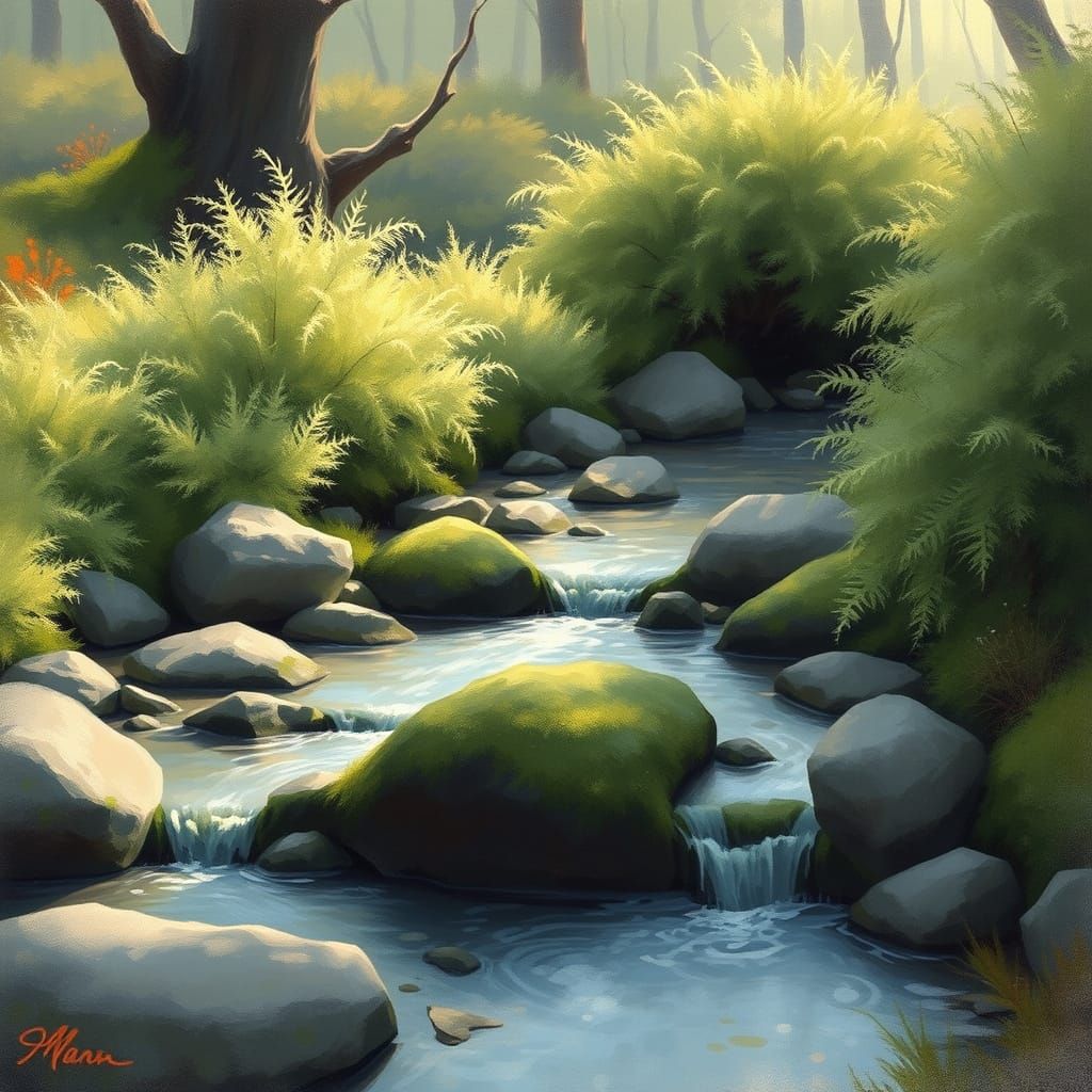 Peaceful Impressionist Creek Scene with Lush Greenery