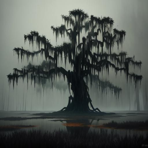 Ethereal Woman in Dark Fantasy Swamp, Oil Painting