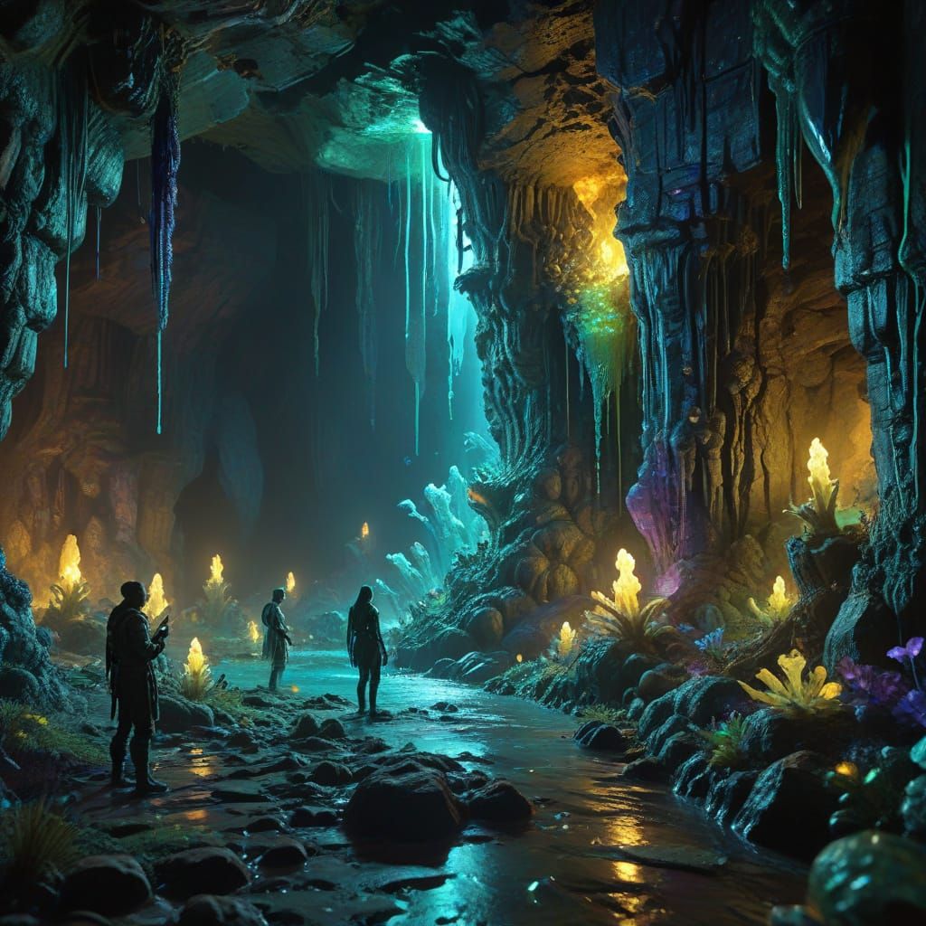 Mystical Cave Exit: Alien Artifacts and Bioluminescent Light