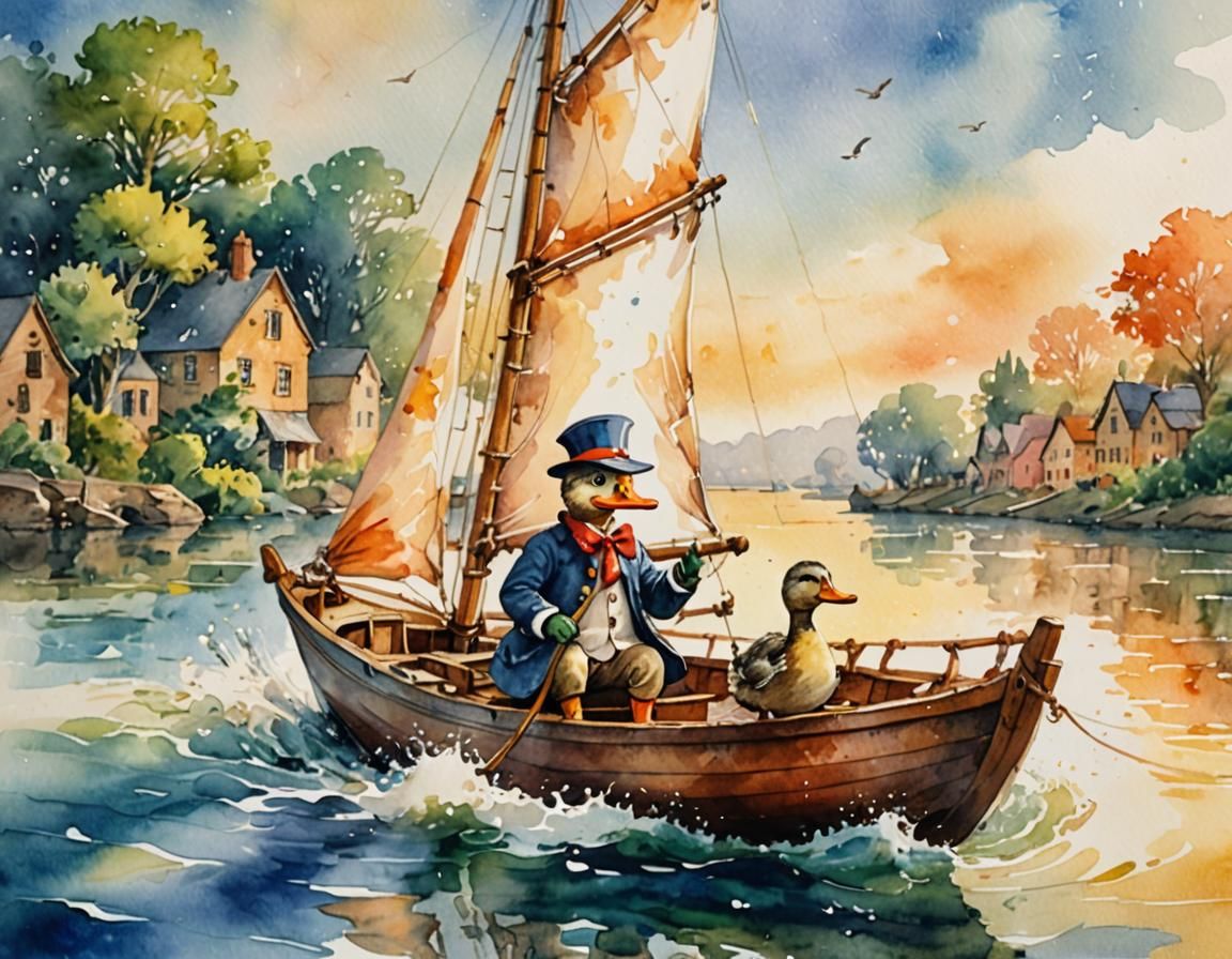 Duck Captain Sailing: Watercolor Storybook Illustration