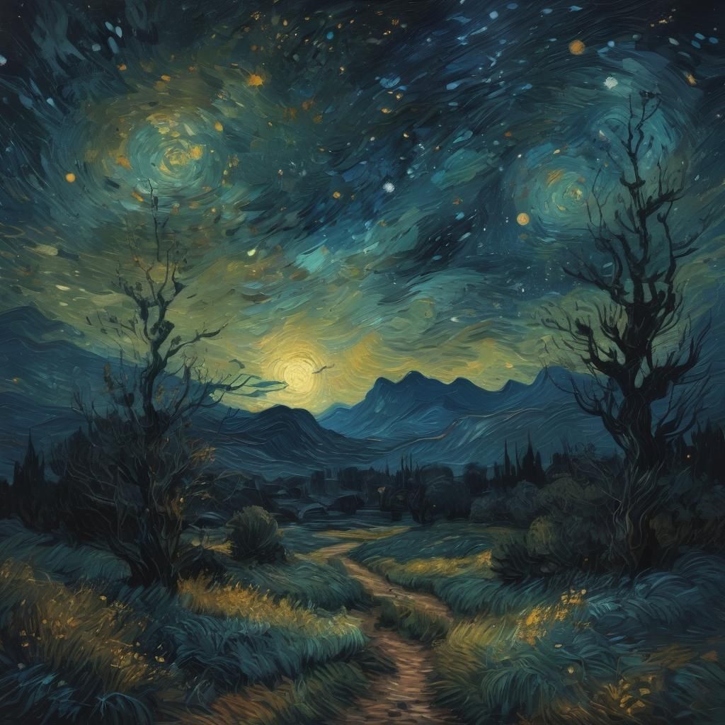 Starry Night Impressionist Landscape in Van Gogh Style