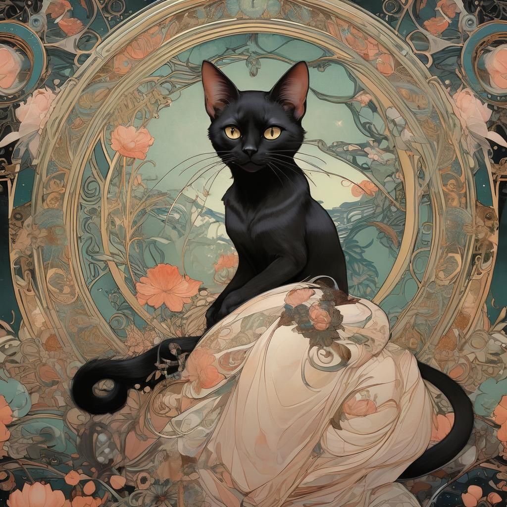Black Cat in Art Nouveau Style
