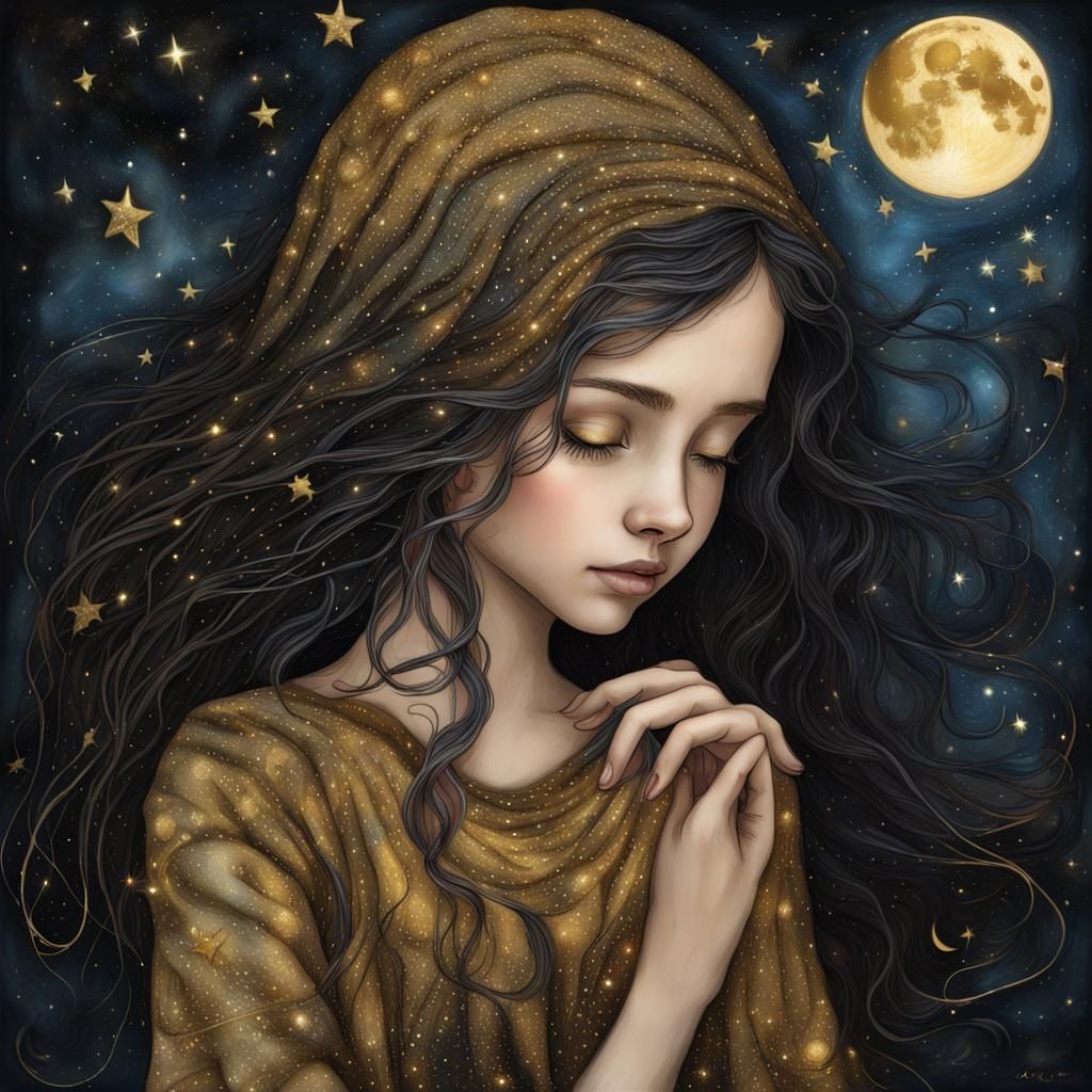 Magical Girl Touches Stars in Fantasy Art