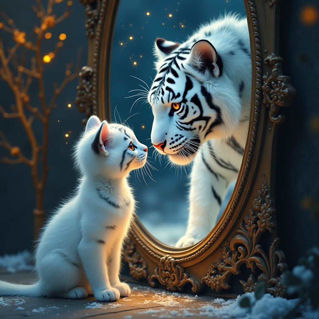Whimsical Cat Confronts Majestic Tiger in Antique Mirror