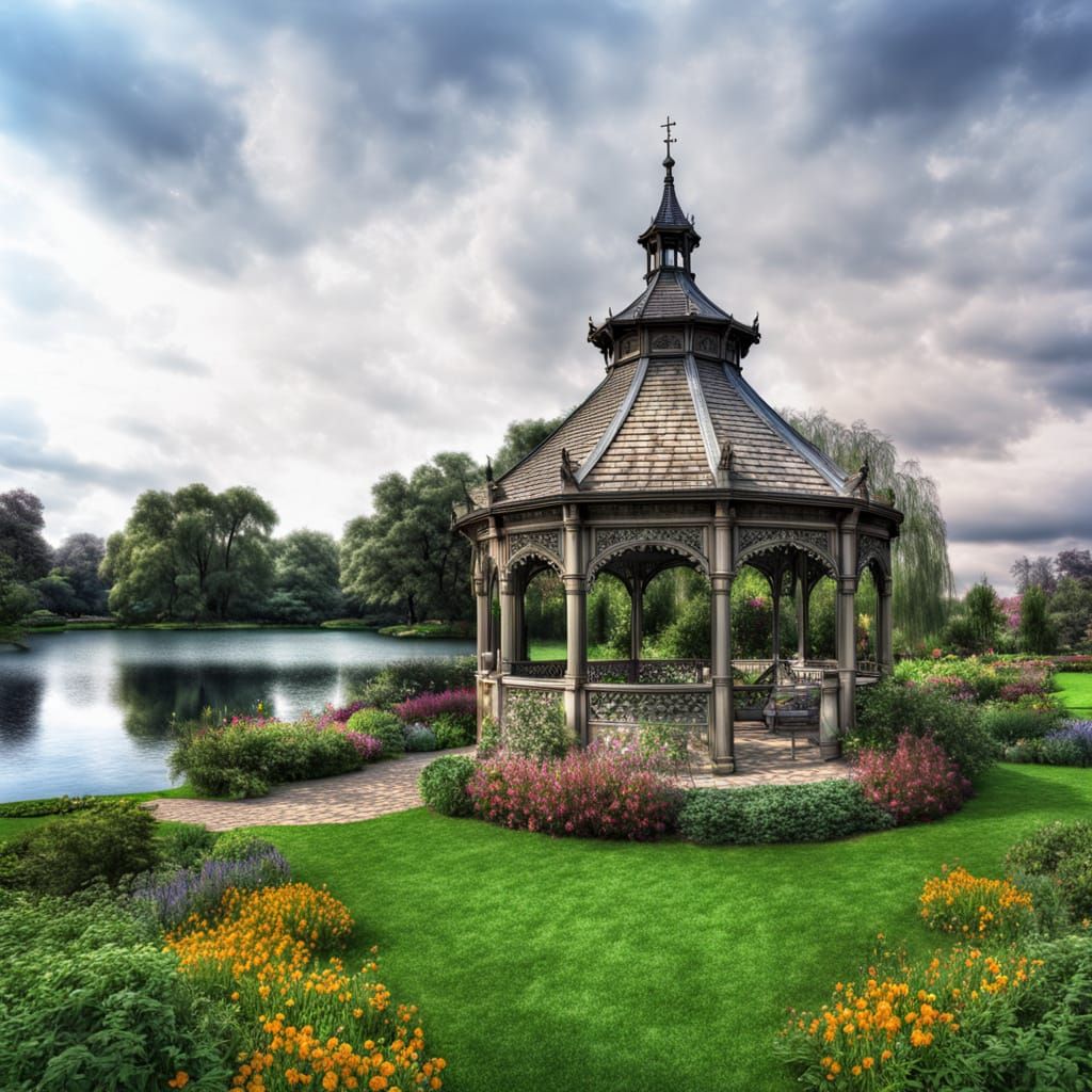 Gothic Gazebo by Lake in Hyperrealistic Garden