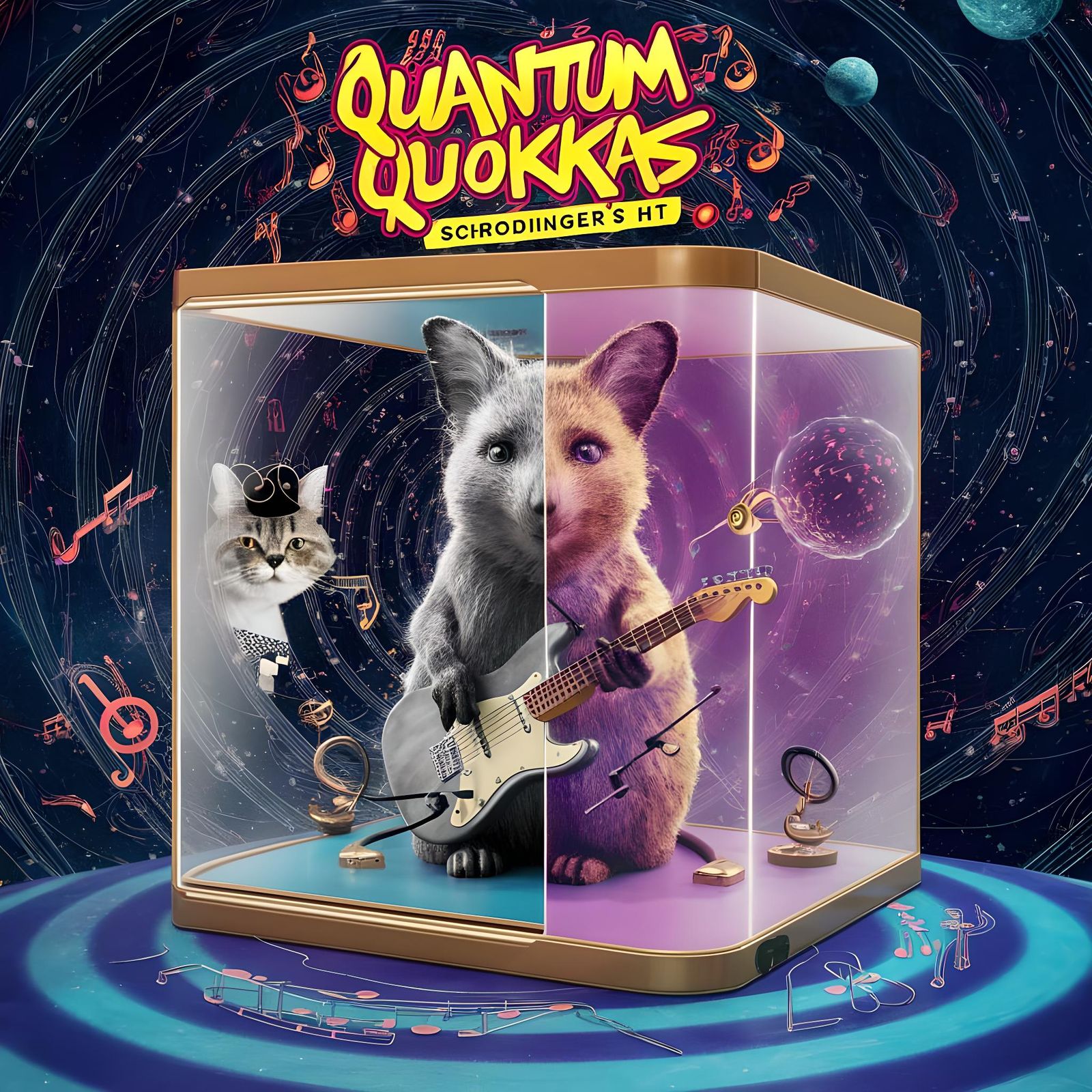 An avant-garde and humorous album cover for the fictional band 'Quantum Quokkas,' titled 'Schrodinger's Hit.'