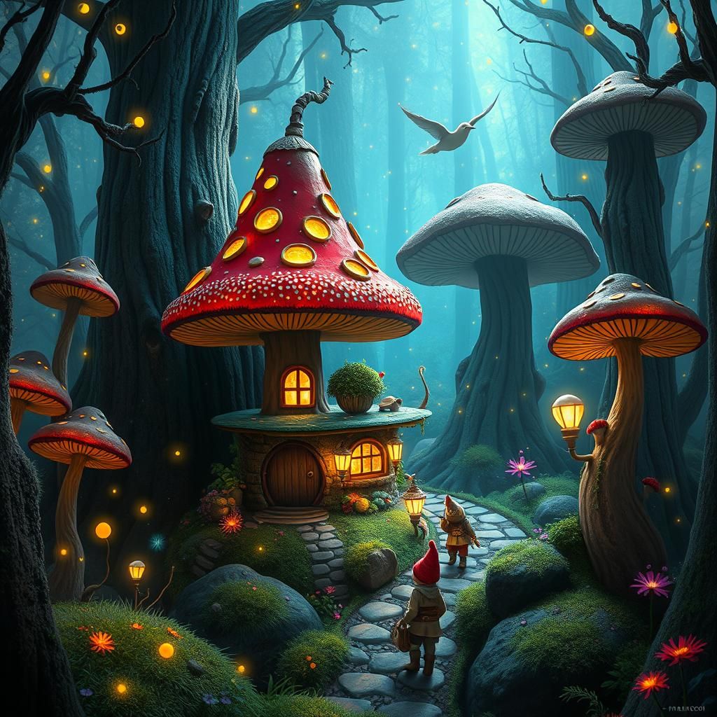 Enchanted Mushroom House in Bioluminescent Forest